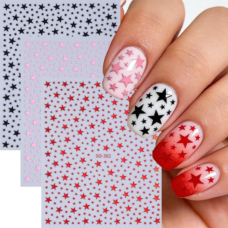 SPLOCUDU 10 Sheets Star Nail Stickers 3D Glitters Starlight Nail Art Stickers Shiny Stars Self-Adhesive Nails Decals Black White Red Purple Laser Silver Gold for Women - Image 5