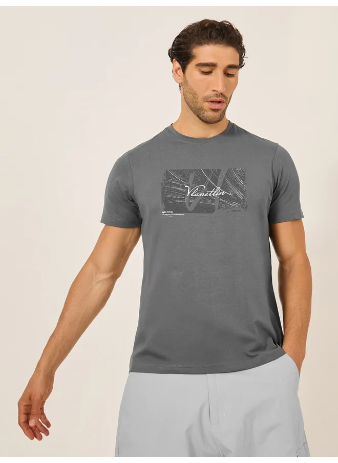 فورت كولينز Fort Collins Men Grey Graphic Print Crew Neck T-Shirt