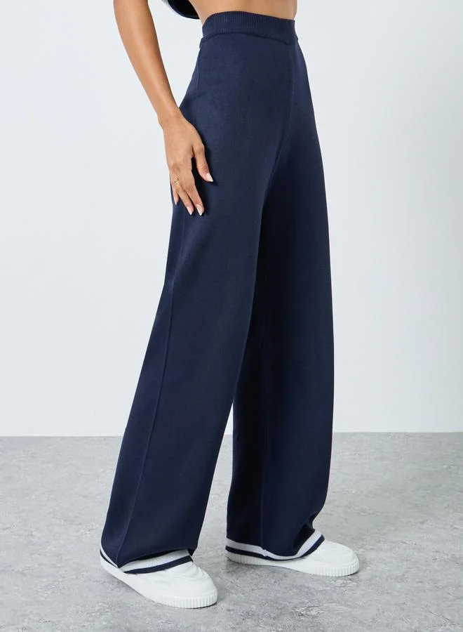 Styli Styli Navy Blue Wide Leg Knit Trousers