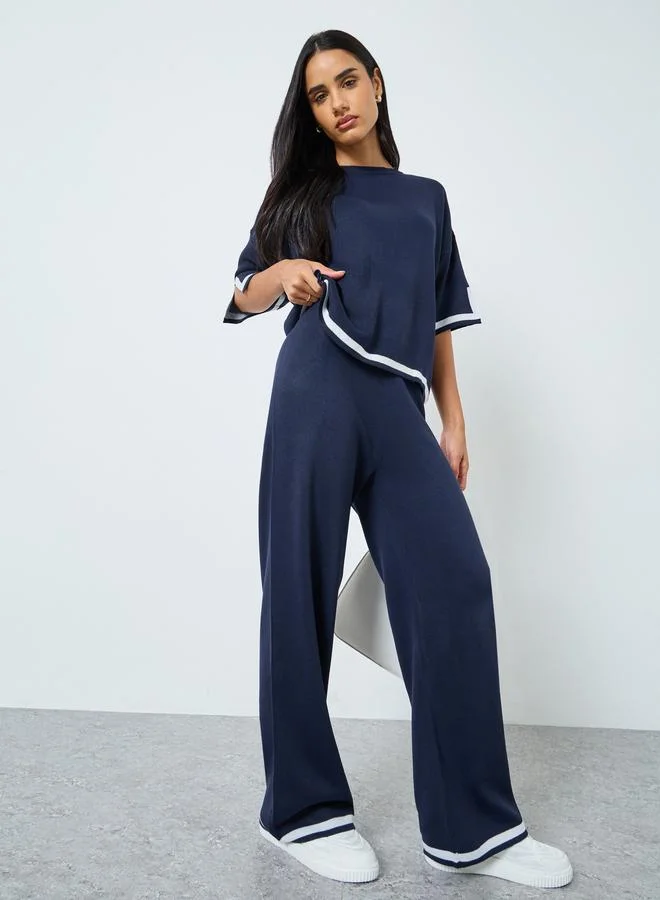 Styli Styli Navy Blue Wide Leg Knit Trousers