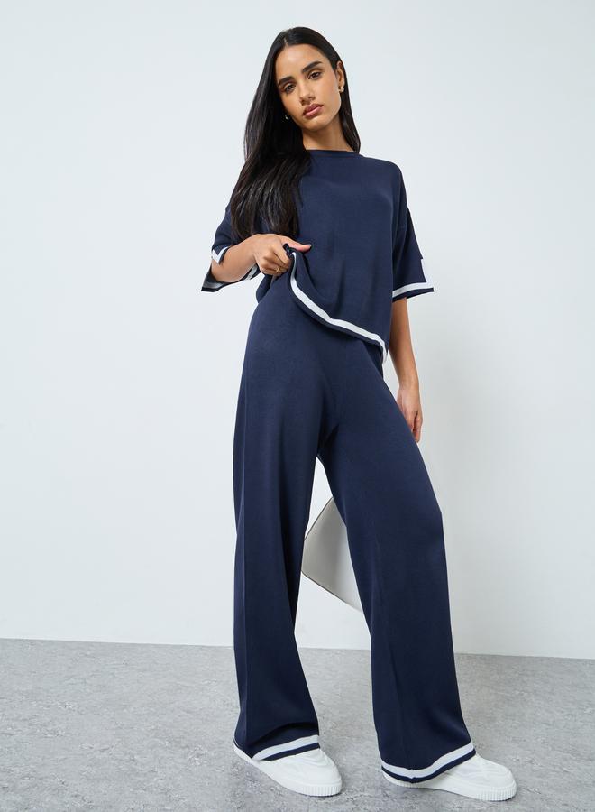 Styli Wide Leg Casual Knit Pants with Contrast Trim - Image 1