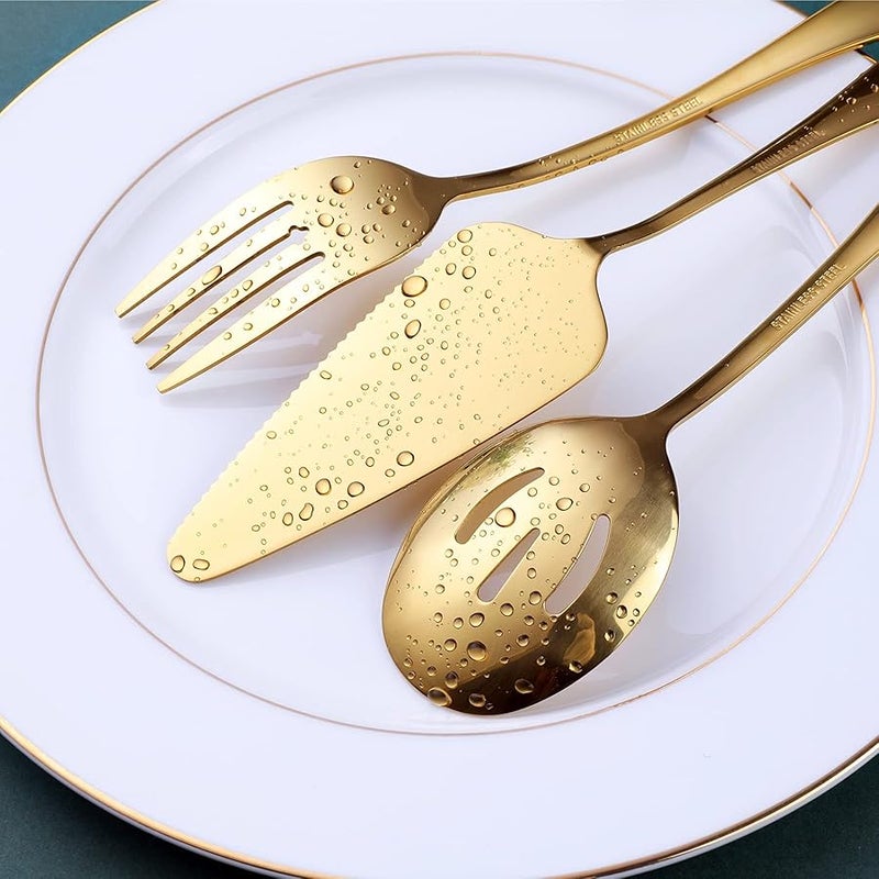 OGORI Gold Serving Utensils, 10-Piece Polished Stainless Steel Gold Serving Utensils Set Include Serving Spoons, Slotted Serving Spoon, Serving Tongs, Serving Fork, Salad Fork, Soup Ladle, Pie Server - Image 5