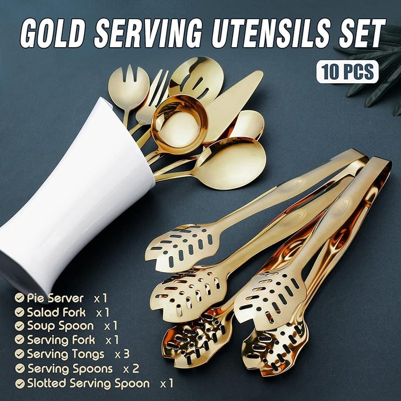 OGORI Gold Serving Utensils, 10-Piece Polished Stainless Steel Gold Serving Utensils Set Include Serving Spoons, Slotted Serving Spoon, Serving Tongs, Serving Fork, Salad Fork, Soup Ladle, Pie Server - Image 2
