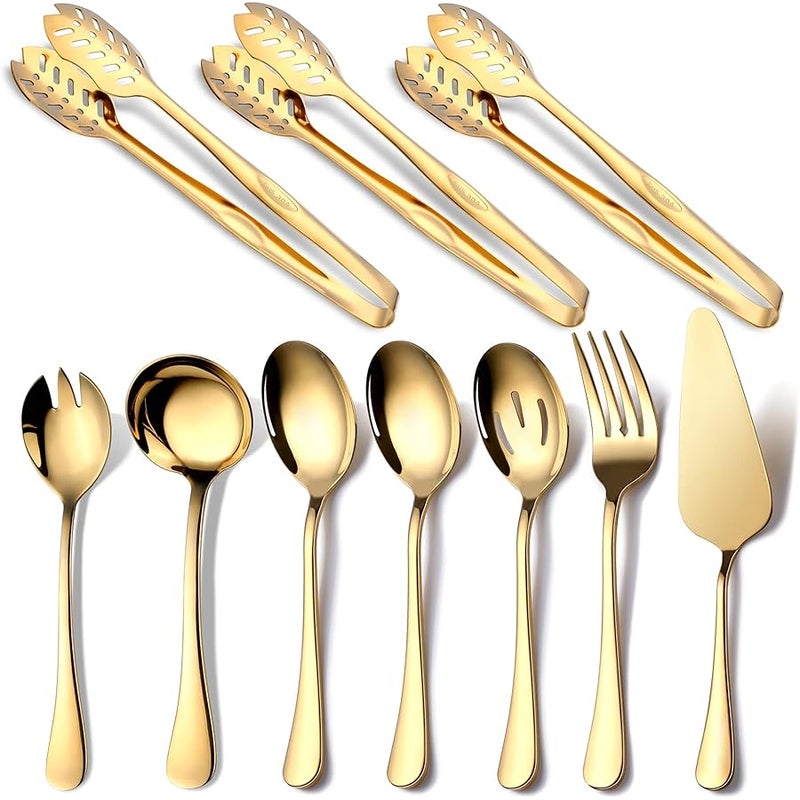 OGORI Gold Serving Utensils, 10-Piece Polished Stainless Steel Gold Serving Utensils Set Include Serving Spoons, Slotted Serving Spoon, Serving Tongs, Serving Fork, Salad Fork, Soup Ladle, Pie Server - Image 1