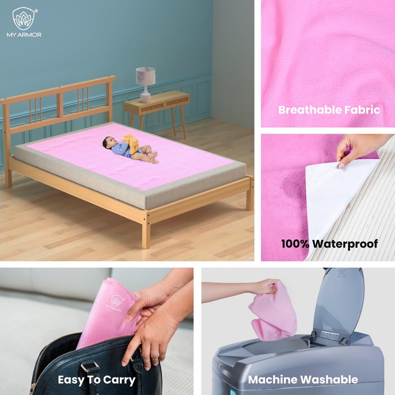 MY ARMOR Baby Dry Sheet for New Born Baby, Anti-Piling Waterproof Mattress Protector for Bed (Quick Drying/Extra Absorbent Dry Sheet for Bed) X-Large 140x200 cm, Pack of 1, Baby Pink - Image 3