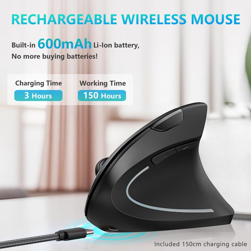 Lekvey Ergonomic Mouse, LEKVEY Vertical Wireless Mouse - Rechargeable 2.4G Optical Vertical Mice : 3 Adjustable DPI 800/1200/1600 Levels 6 Buttons, for Laptop, PC, Computer, Desktop, Notebook etc, Black - Image 3