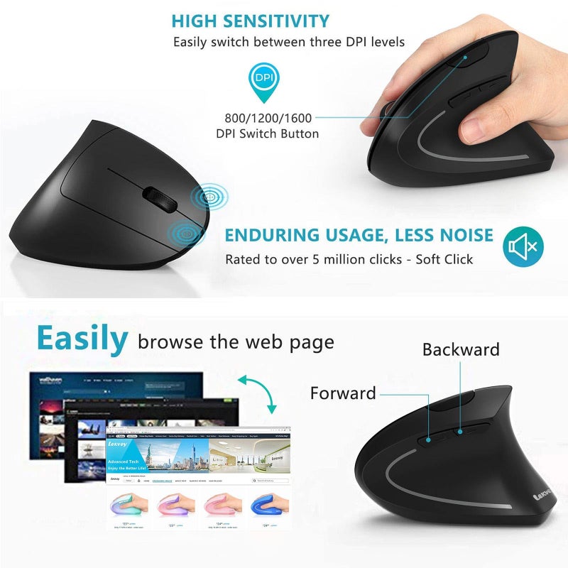 Lekvey Ergonomic Mouse, LEKVEY Vertical Wireless Mouse - Rechargeable 2.4G Optical Vertical Mice : 3 Adjustable DPI 800/1200/1600 Levels 6 Buttons, for Laptop, PC, Computer, Desktop, Notebook etc, Black - Image 5