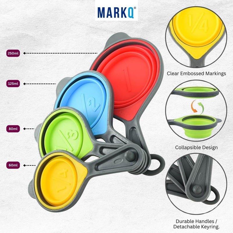 MARKQ Collapsible Silicone Measuring Cups Set - 4-Piece Portable Food-Grade Silicone Measuring Set for Baking, Cooking & Liquids | Foldable Kitchen Measurement Cups for Travel & Storage - Grey - Image 2