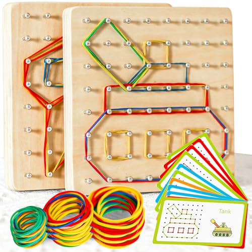 CHEROSIN 2Pack Wooden Geoboard Montessori Toys Wood Geo Board Manipulative Geoboards for 4 5 6 Year Old Kids with Pattern Cards and Rubber BandsBrain Teaser STEM Toy for Boys Girls Ages 36 - Image 1
