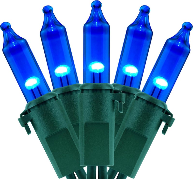 YULETIME 200 Blue Christmas Lights, Pack of 2 Sets 33 ft 100 Count Incandescent-Like LED String Lights (Blue) - Image 1