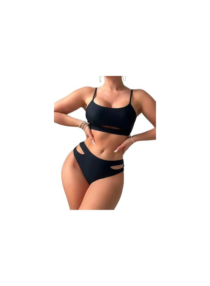 Hanady Women's Classic Black Two-Piece Bikini - Soft Korean Buttery Fabric with Elastic Lycra - Model HN6021 - One Size - Image 1