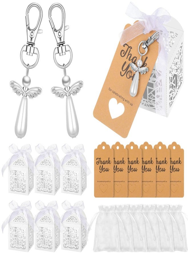 Bonuci 100 Pieces Angel Keychains Favor Angel Pendant Keychains Baptism Favor Boxes White Organza Bags with Drawstring Thank You Tags for Baby Shower Baptism Party Gift, 25 Sets - Image 1