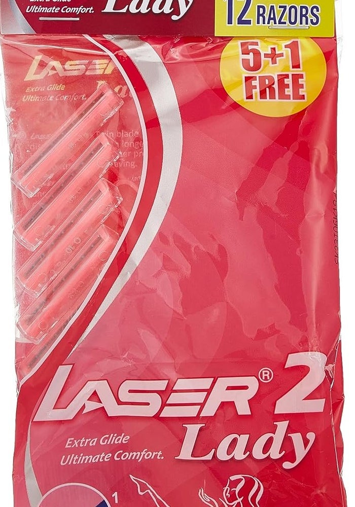 LASER شفرات حلاقة ليزر 2 ليدي بتوأم الشفرة القابلة للتصرف للنساء - عبوة قيمة تحتوي على 12 قطعة مع مقبض طويل جداً ومريح - Image 1