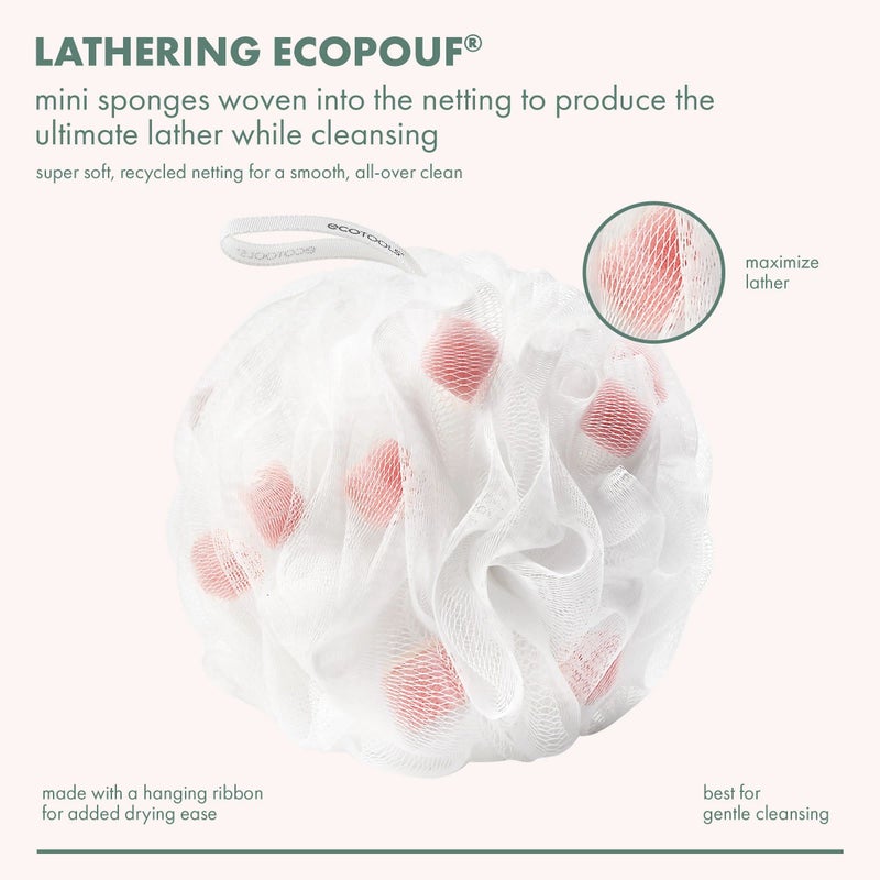 EcoTools Lathering EcoPouf, Loofah Infused with Mini Sponges, Provides Rich Lather, Recycled Netting, Gentle Exfoliation in Bath Or Shower, Pouf Removes Dead Skin, Cruelty-Free, 1 Count - Image 2