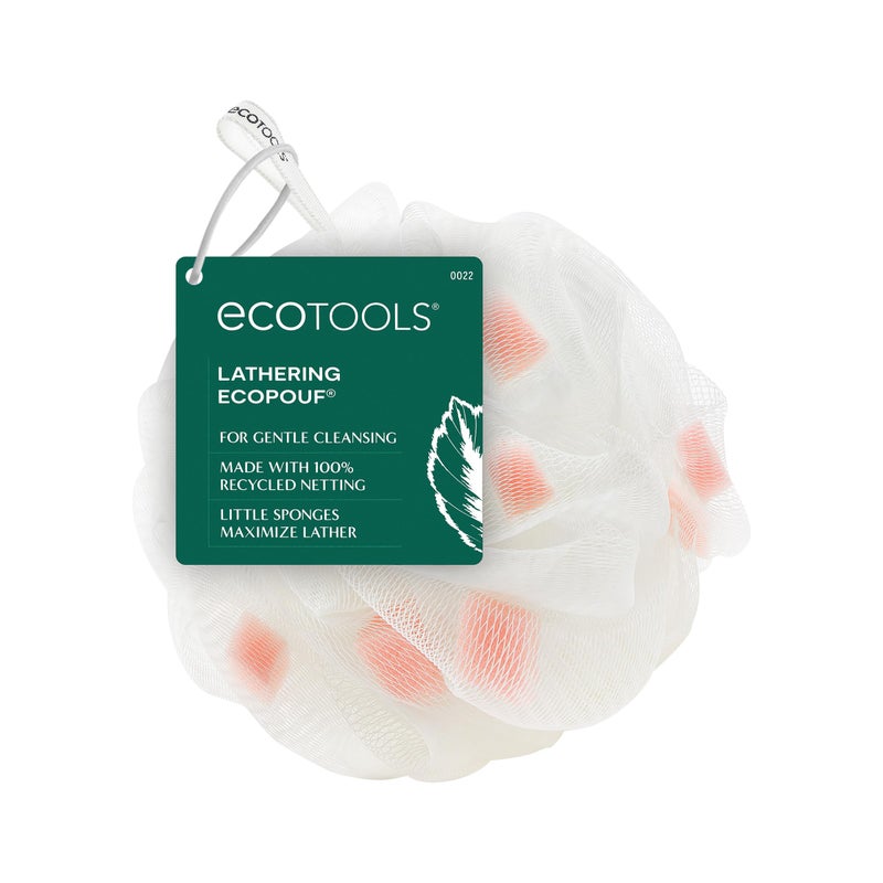 EcoTools Lathering EcoPouf, Loofah Infused with Mini Sponges, Provides Rich Lather, Recycled Netting, Gentle Exfoliation in Bath Or Shower, Pouf Removes Dead Skin, Cruelty-Free, 1 Count - Image 1