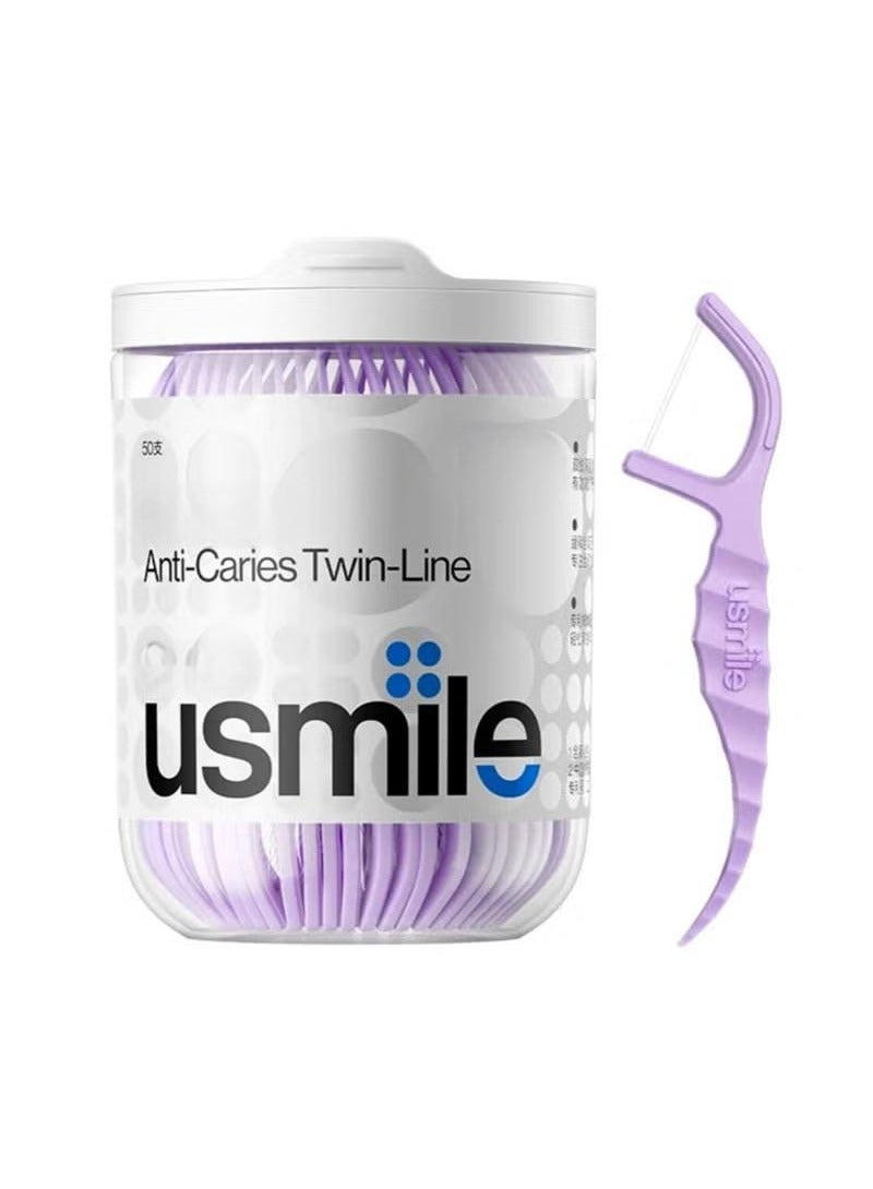 يو سمايل خيط تنظيف الأسنان المزدوج المضاد للتسوس وأعواد الأسنان وعصي تنظيف الأسنان والعناية بالفم بين الأسنان (مضاد للتسوس، 50 قطعة) - Image 1