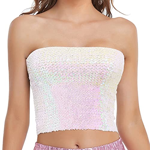 Fenyong Womens Sparkly Sequin Mermaid Crop Tops, Strapless Metallic Tube Tops for Party Clubwear (White) - Image 1