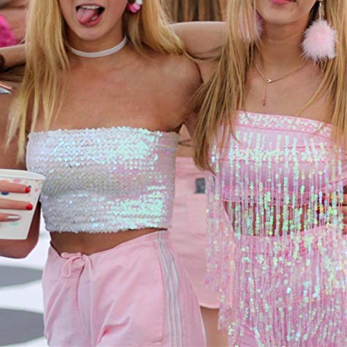 Fenyong Womens Sparkly Sequin Mermaid Crop Tops, Strapless Metallic Tube Tops for Party Clubwear (White) - Image 5