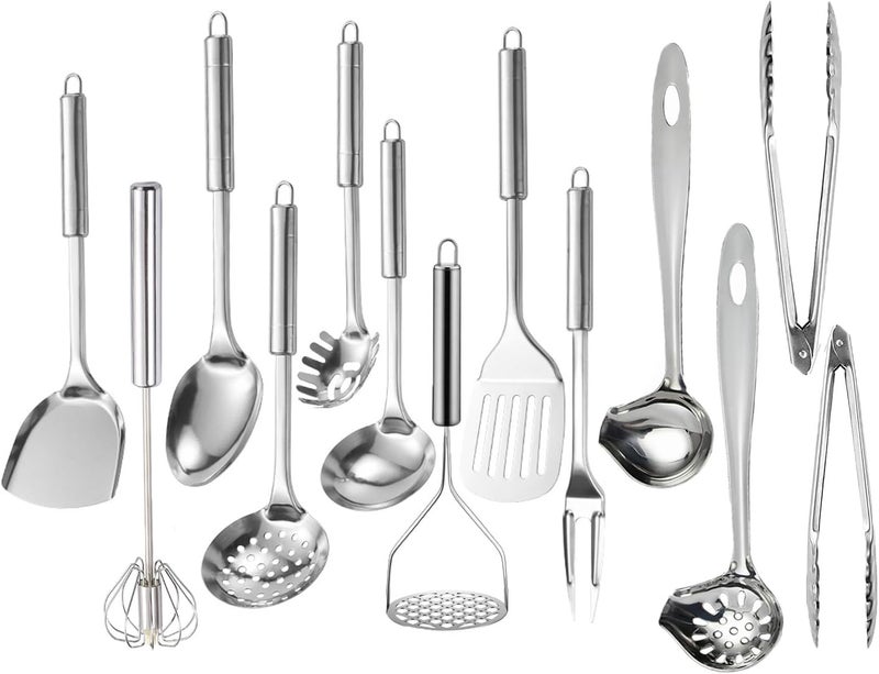 Ragyzity 304 Stainless Steel Kitchen Utensil Set, 13PCS Cooking Nonstick Cookware Set Serving Utensils Cooking Utensil All Metal Cooking Spoons, Comfortable Grip Stainless Steel Utensils Set - Image 1