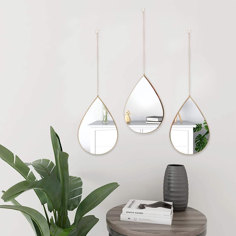 HOME ELEMENTS Wall Mirror Set with Hanging Chain Pack of 3 Modern Decorative Golden Frame Mirror for Aesthetic Room Decor Bathroom Bedroom Living Room Teardrop - Image 2