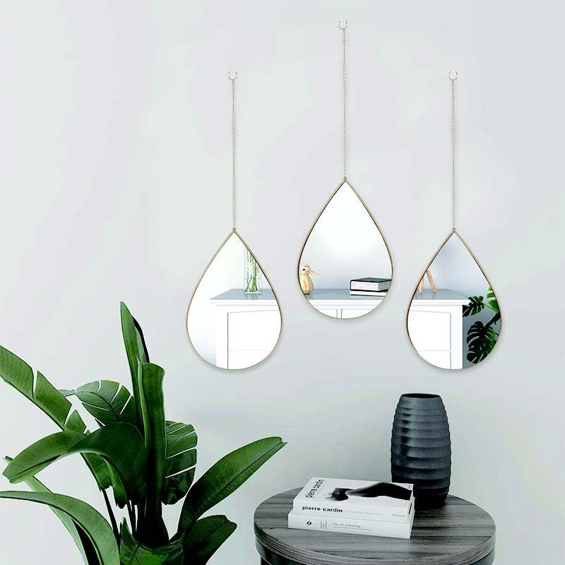 HOME ELEMENTS Wall Mirror Set with Hanging Chain Pack of 3 Modern Decorative Golden Frame Mirror for Aesthetic Room Decor Bathroom Bedroom Living Room Teardrop - Image 1