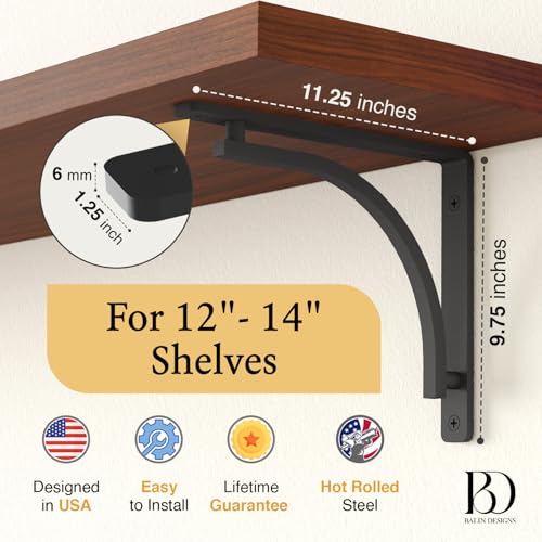 Balin Designs Classic Black Heavy Duty Shelf Brackets 12 inch by Balin Designs – L Bracket, Wall Mounted Support, Shelving Metal Bracket, Decorative Shelf Brackets, with Hardware Included, Set of 2 - Image 2