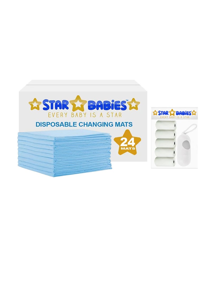 STAR BABiES Star Babies - Combo Pack of 2- Disposable Changing Mat Pack of 24 with Scented Bag (5 Pcs w/Dispenser) - Blue/White  - Image 1