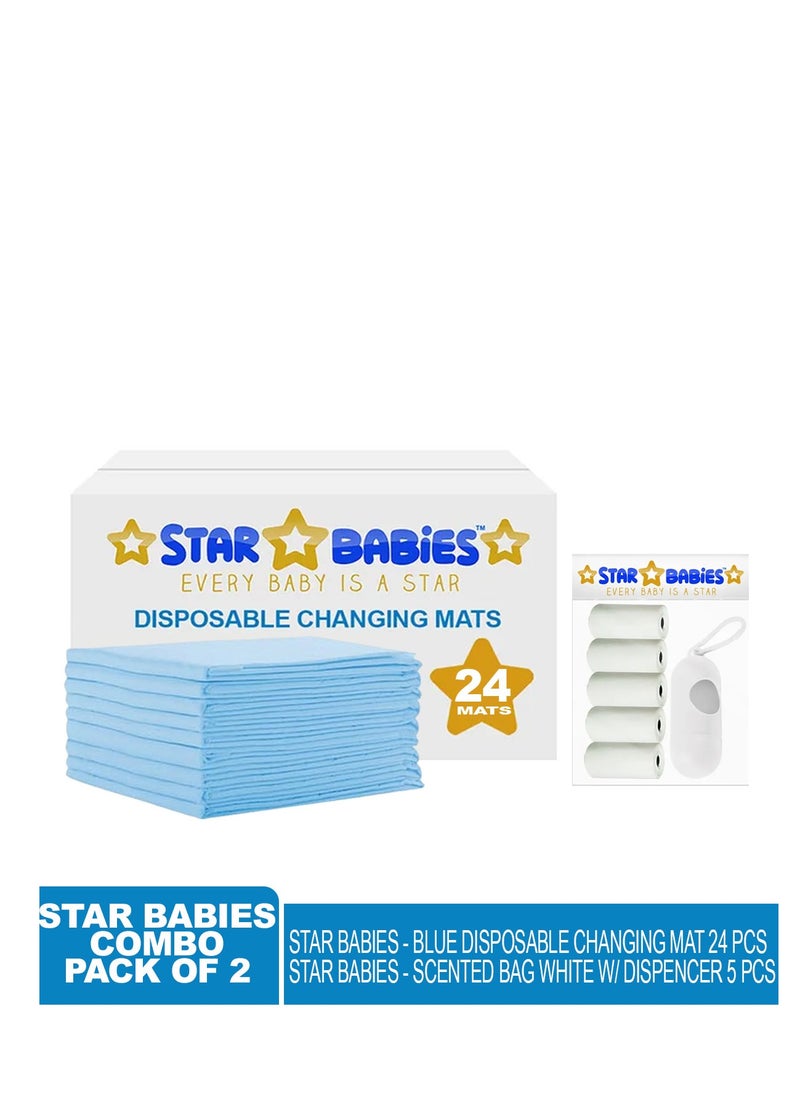STAR BABiES Star Babies - Combo Pack of 2- Disposable Changing Mat Pack of 24 with Scented Bag (5 Pcs w/Dispenser) - Blue/White  - Image 2