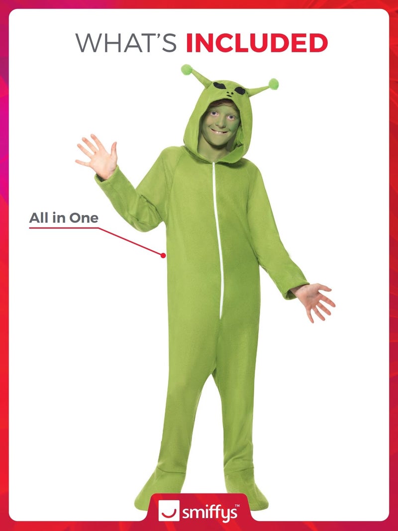Smiffys Children's All in One Alien Costume, Jumpsuit with Hood, Colour: Green, Size: M, 55014 - Image 2