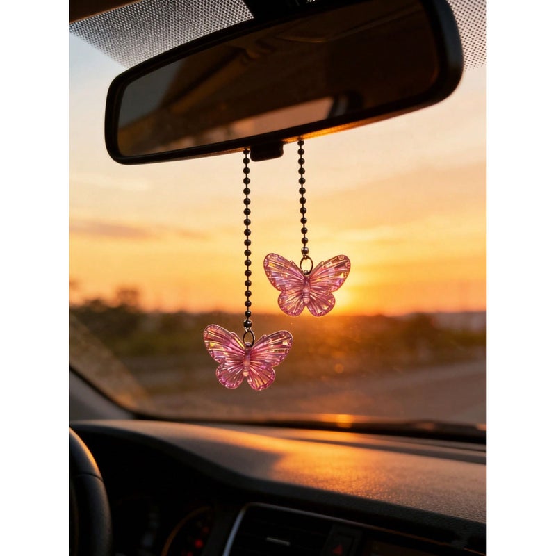 Pink 1pc Butterfly Car Rearview Mirror Suspension Interior Decoration - Image 1