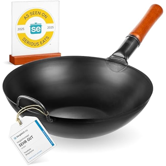 34 Cm Carbon Steel Wok Pan  PreSeasoned Flat Bottom Pow Wok For Stir Fry Bbq Grill  Camping  Traditional Japanese  Chinese Cookware  Compatible With Induction Electric Gas Open Fire