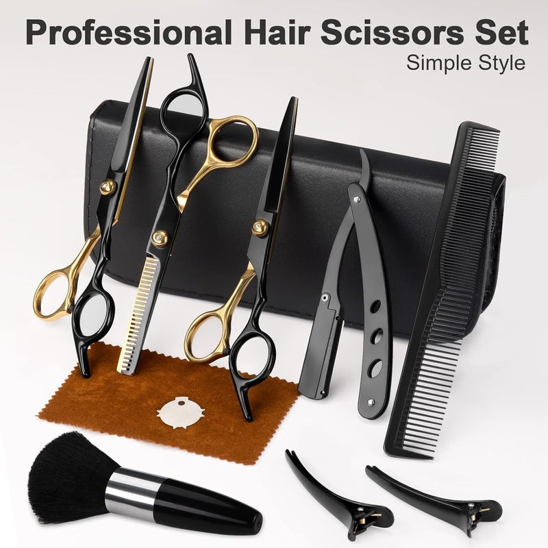 Fetinar Professional Black Gold Hair Cutting Scissors - 11Pcs Set, Stainless Steel Barber Scissors, Straight & Thinning Shears, Multi-Use for Home Salon Barber - Image 2