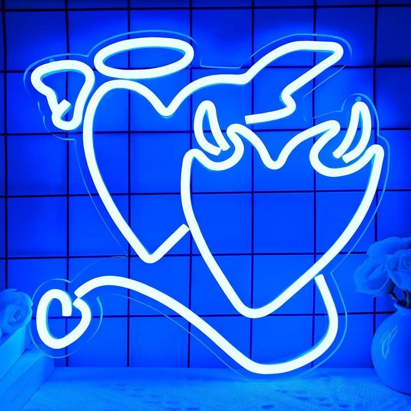 Horoof Home Angel and Demon Heart Neon LED Wall Light - 34.6 x 34.7 cm Blue Acrylic Decor - Image 1