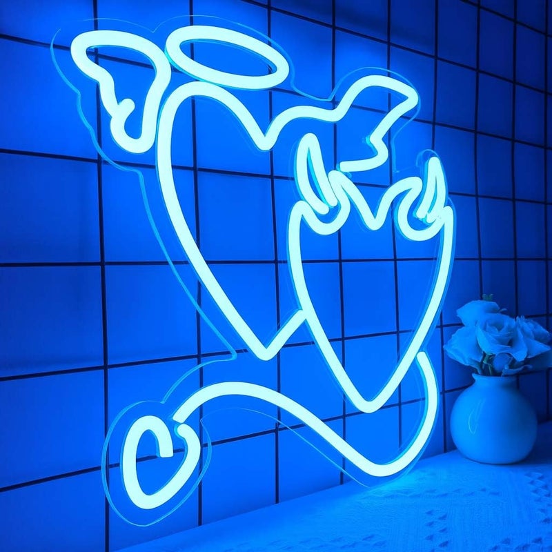 Horoof Home Angel and Demon Heart Neon LED Wall Light - 34.6 x 34.7 cm Blue Acrylic Decor - Image 3