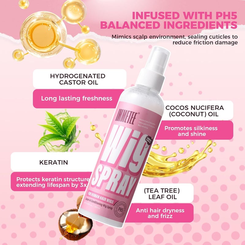 immetee Human and Synthetic Hair Wig Leave in Conditioner Spray, PH5 PH6, Hair Spray Detangler & Easy Combing, Add Shine & Freshness 250Ml/8.4Fl. Oz (PH5 For Human Wig) - Image 3