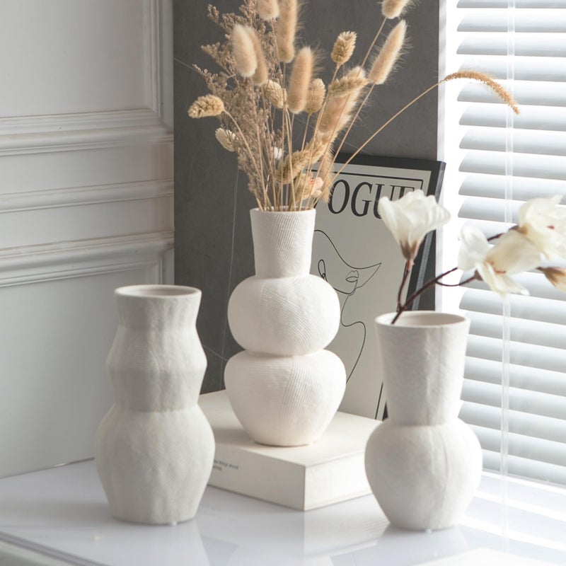 Banllis Ceramic Vases for Flowers  Matte White Ribbed Vase Set of 3  Decorative Vases for Pampas Grass  Modern Farmhouse Home Decor  Pottery for Centerpieces  Boho Vases - Image 2
