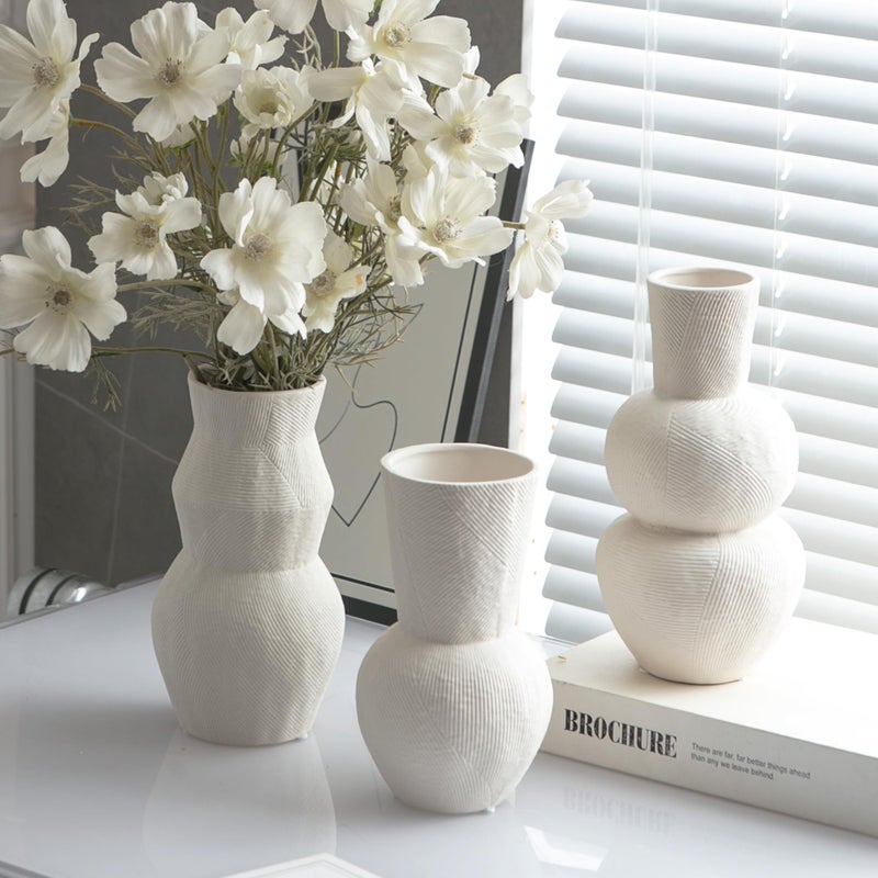 Banllis Ceramic Vases for Flowers  Matte White Ribbed Vase Set of 3  Decorative Vases for Pampas Grass  Modern Farmhouse Home Decor  Pottery for Centerpieces  Boho Vases - Image 3