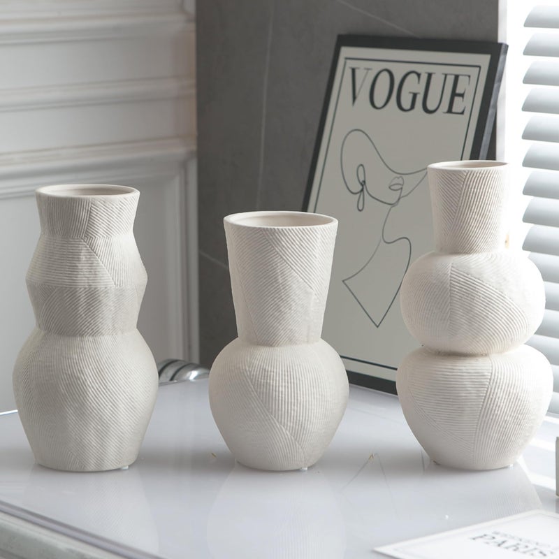 Banllis Ceramic Vases for Flowers  Matte White Ribbed Vase Set of 3  Decorative Vases for Pampas Grass  Modern Farmhouse Home Decor  Pottery for Centerpieces  Boho Vases - Image 1