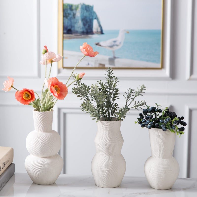 Banllis Ceramic Vases for Flowers  Matte White Ribbed Vase Set of 3  Decorative Vases for Pampas Grass  Modern Farmhouse Home Decor  Pottery for Centerpieces  Boho Vases - Image 4