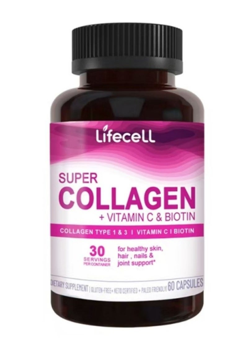 لايفسل سوبر كولاجين ببتيدات سوبر كولاجين + فيتامين ج والبيوتين، 3 جرام كولاجين لكل حصة، خالي من الجلوتين، يعزز صحة الشعر والبشرة الجميلة ودعم الأظافر، مكمل غذائي، 60 كبسولة - Image 1