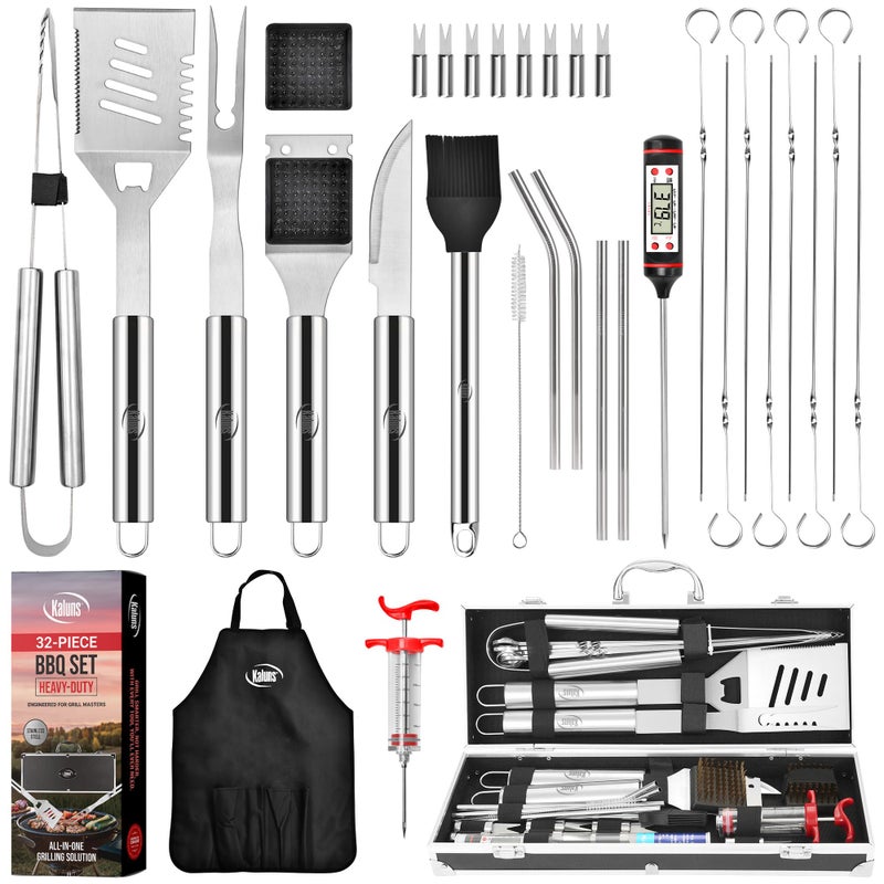 Kaluns 32 Psc Grilling Accessories, Dad Gifts for Fathers Day, Heavy Duty Stainless Steel Grill Set BBQ Grill Accessories for Outdoor Grill with Aluminum Case and Apron, Best Gifts for Men - Image 1