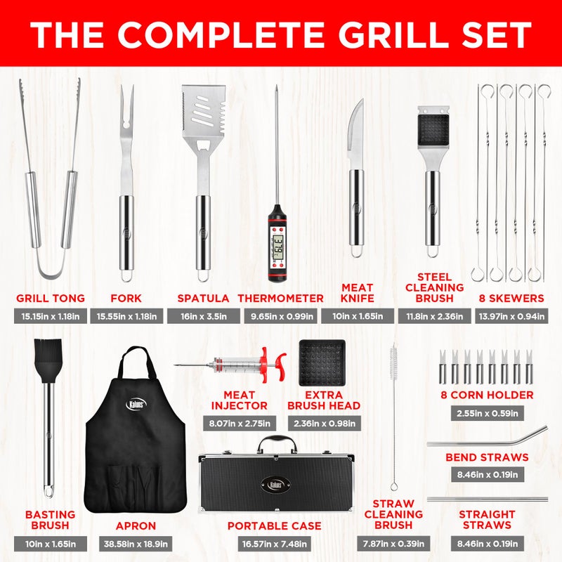 Kaluns 32 Psc Grilling Accessories, Dad Gifts for Fathers Day, Heavy Duty Stainless Steel Grill Set BBQ Grill Accessories for Outdoor Grill with Aluminum Case and Apron, Best Gifts for Men - Image 4