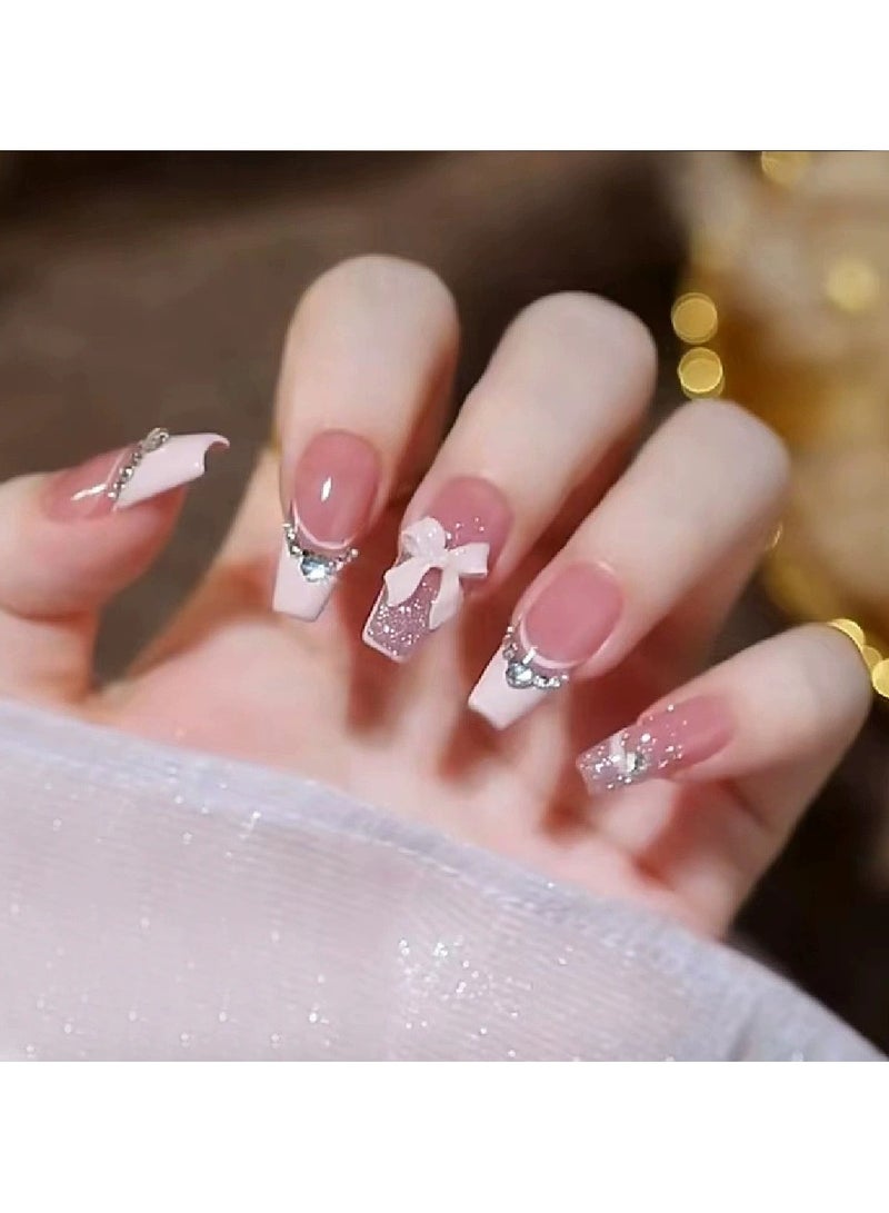 Goolsky French Bow Bling Heart Diamond Press On Nails Detachable Long Ballerina Fake Nail Tips  - Image 1