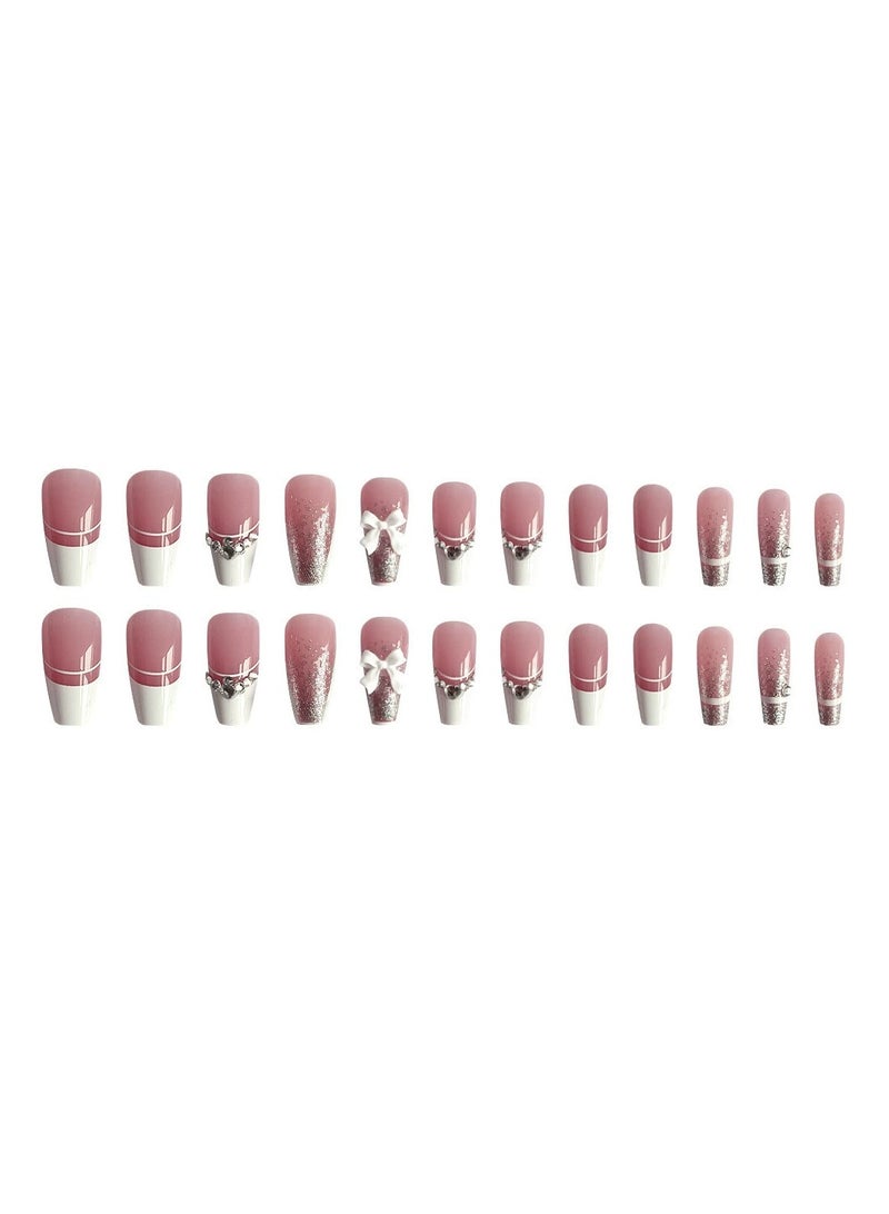 Goolsky French Bow Bling Heart Diamond Press On Nails Detachable Long Ballerina Fake Nail Tips  - Image 2