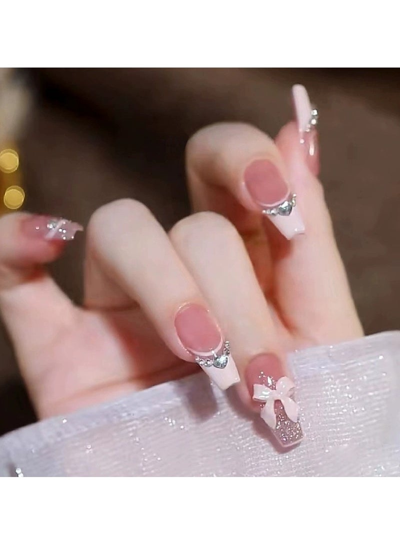 Goolsky French Bow Bling Heart Diamond Press On Nails Detachable Long Ballerina Fake Nail Tips  - Image 3