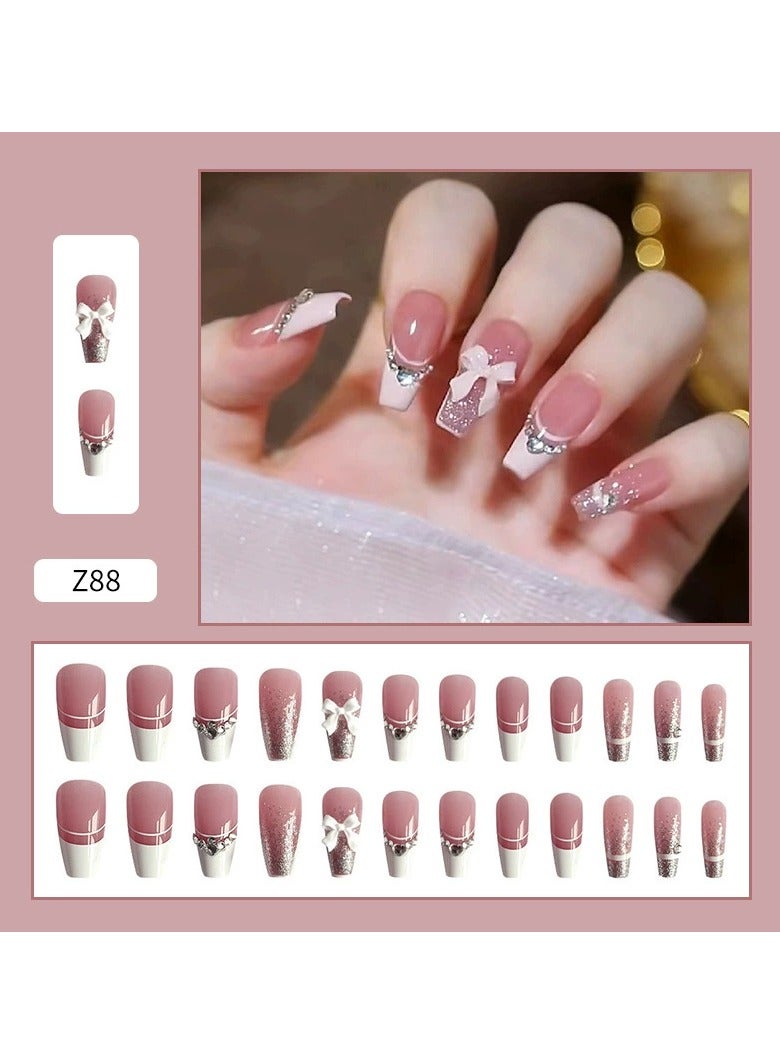 Goolsky French Bow Bling Heart Diamond Press On Nails Detachable Long Ballerina Fake Nail Tips  - Image 4
