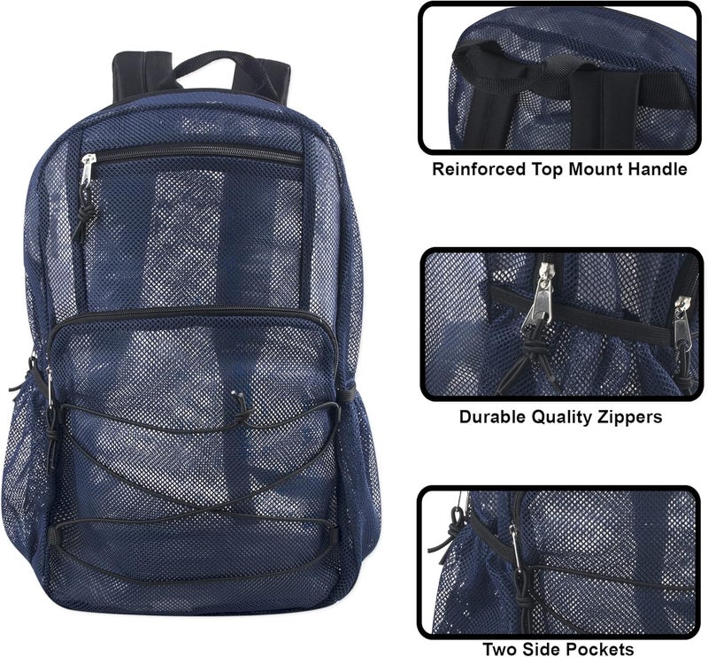 Trailmaker Deluxe Mesh Backpack with Bungee Cord & Adjustable Padded Straps, for Swimming, School, Travel (Navy) - Image 2
