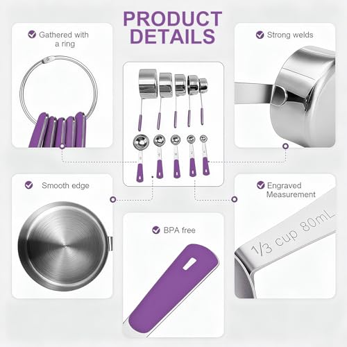 Bopei Measuring Cups and Spoons Set Stainless Steel 10 Piece for Cooking and Baking (5 Cups + 5 Spoons, Purple Handle) - Image 4