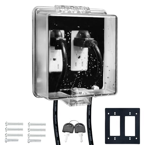 PILISPARK 2-Gang Universal Weatherproof Electrical Outlet Cover with Lock,Baby Proof Outlet Lock Box,Fits Most 2.6 "H x 2.56 "W or Smaller Plugs,Clear Outlet Waterproof Cover Box for Outdoor In-Use - Image 1