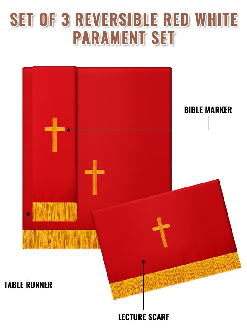 Cutecrop Set of 3 Reversible Parament Set Clergy Table Runner Bookmark Pulpit Scarf with Gold Cross Church Pulpit Accessories (Red and White) - Image 2